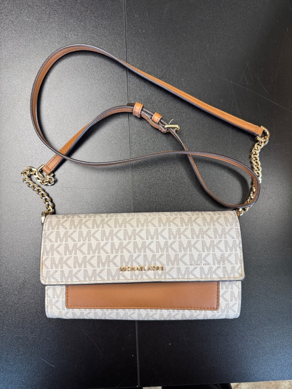 Michael Kors Beige and Brown‎ MK Logo Crossbody with Gold Hardware